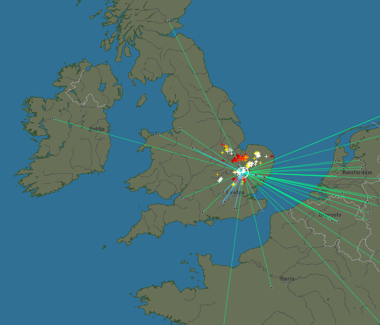 Pow! Cambridge just got hit by lightning. A few seconds later it was confirmed by a network of homemade receivers and appeared on this website. This is really working!

http://www.blitzortung.org