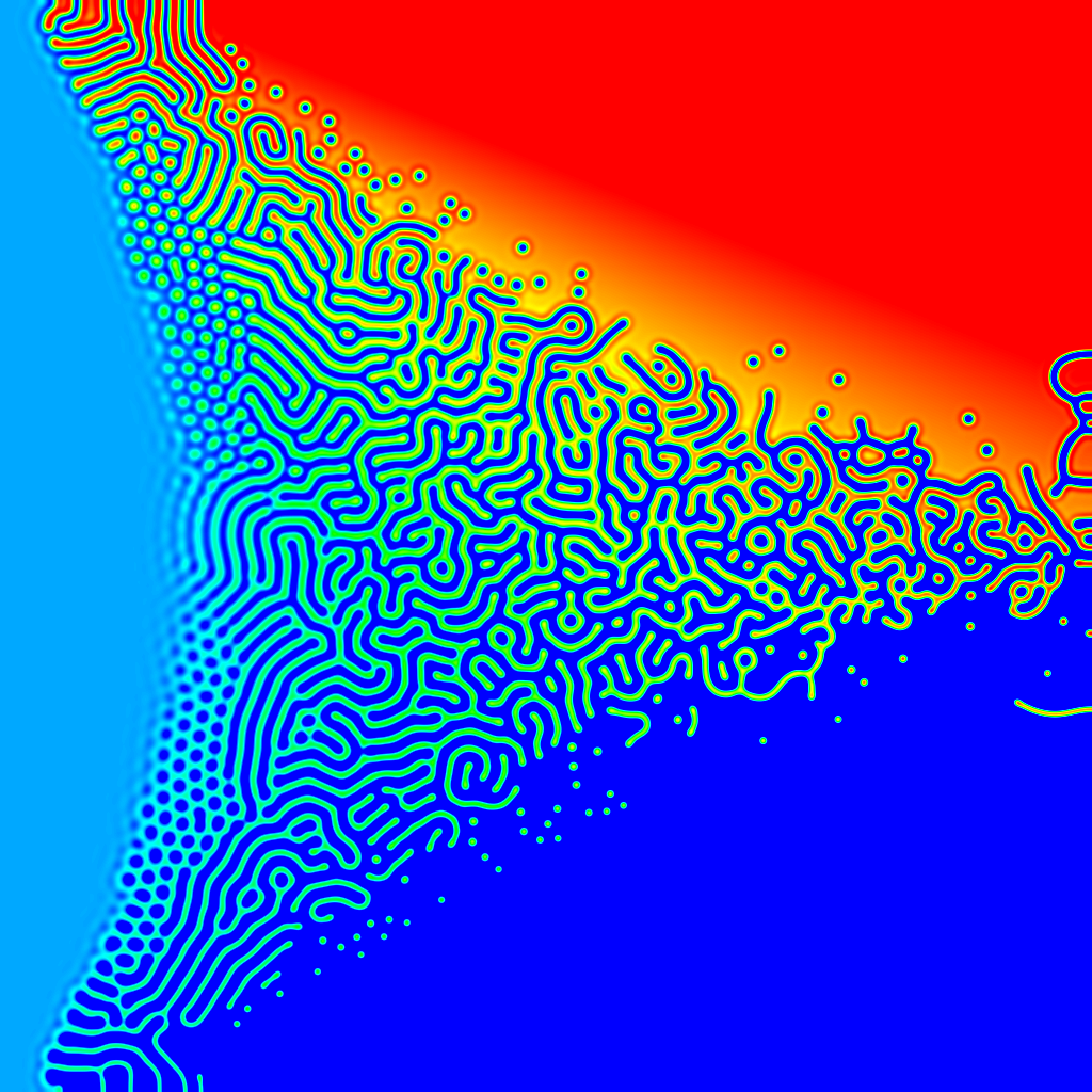 The parameter map of a partial differential equation, showing a reasonably standard pattern of Turing instabilities for different combinations of parameters - spots and labyrinthine stripes.



The intriguing thing here is that this is a single chemical system! It doesn't fit into the usual characterisation of activator and inhibitor, like Gray-Scott or Turing's original model.



The formula is:



du/dt = mu*u - bilaplacian(u) - 2*laplacian(u) - u + beta*u*u - u*u*u



In this parameter map, mu ranges from -1 on the left to 1 on the right, and beta ranges from -3 at the bottom to 3 at the top.



The bilaplacian is the laplacian operator applied twice. In a one-dimensional system if your laplacian is computed by a finite differencing kernel of 1,-2,1 then the bilaplacian kernel is 1,-4,6,-4,1.



The formula comes from the work of +Matt Pennybacker:

http://pennybacker.net

(Matt suggested trying it without the gradient term in the paper.)



There are some Ready files here to explore:

http://code.google.com/p/reaction-diffusion/source/browse/trunk/Ready#Ready%2FPatterns%2FPennybacker2013